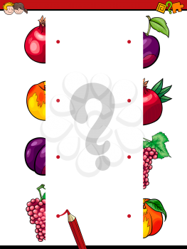 Cartoon Illustration of Educational Game of Matching Halves with Fruits Food Objects