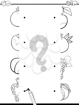 Black and White Cartoon Illustration of Educational Game of Matching Halves with Fruits Food Objects Coloring Page