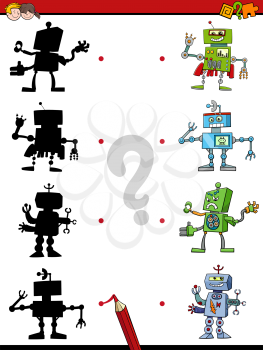 Cartoon Illustration of Find the Shadow Educational Activity Game for Children with Robot Fantasy Characters