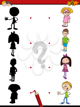 Cartoon Illustration of Find the Shadow Educational Activity Game for Children with Kid Characters