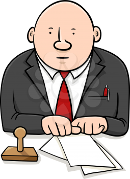 Cartoon Illustration of Official or Clerk Character with Documents and Stamp