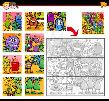 Cartoon Illustration of Education Jigsaw Puzzle Activity for Children with Alien Fantasy Characters