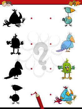 Cartoon Illustration of Find the Shadow Educational Activity Game for Children with Birds Animal Characters