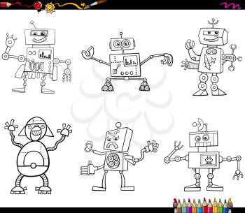 Black and White Cartoon Illustration of Robot Characters Set Coloring Page