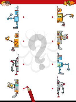 Cartoon Illustration of Educational Activity of Matching Halves with Robot Characters