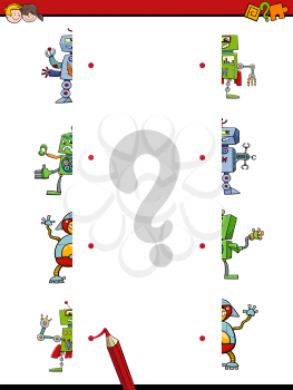 Cartoon Illustration of Educational Game of Matching Halves with Robot Characters