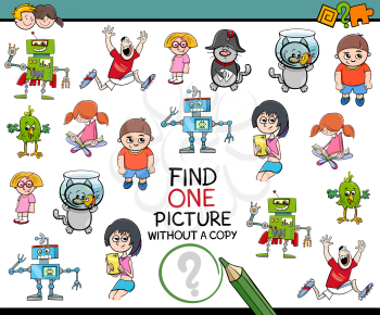 Cartoon Illustration of Educational Game of Finding Single Picture Without a Pair for Children