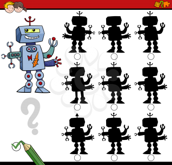Cartoon Illustration of Find the Shadow without Differences Educational Activity for Children with Robot Character