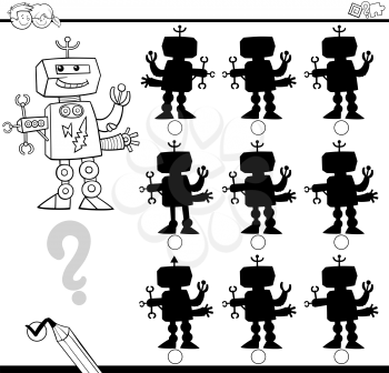 Black and White Cartoon Illustration of Find the Shadow without Differences Educational Activity for Children with Robot Character Coloring Page