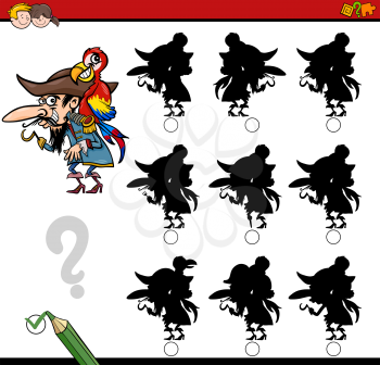 Cartoon Illustration of Find the Shadow without Differences Educational Activity for Children with Pirate Character