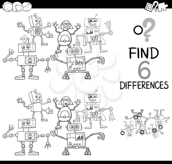 Black and White Cartoon Illustration of Finding the Difference Educational Activity for Children with Robot Characters Coloring Page