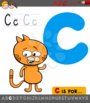 Educational Cartoon Illustration of Letter C from Alphabet with Cat Animal Character for Children 
