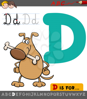 Educational Cartoon Illustration of Letter D from Alphabet with Dog Animal Character for Children 