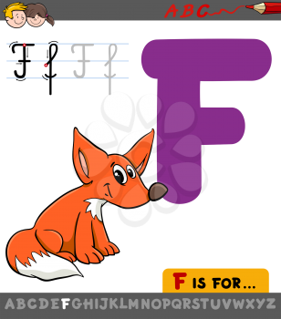 Educational Cartoon Illustration of Letter F from Alphabet with Fox Animal Character for Children 