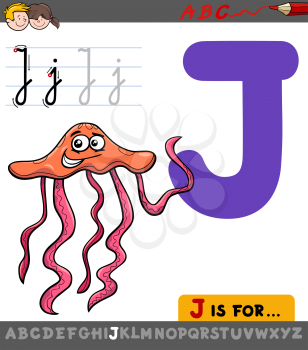 Educational Cartoon Illustration of Letter J from Alphabet with Jellyfish Animal for Children 