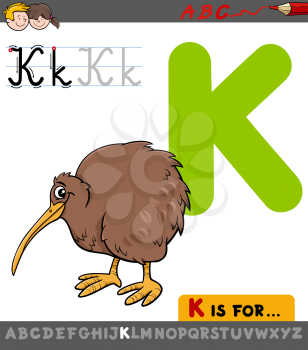 Educational Cartoon Illustration of Letter K from Alphabet with Kiwi Bird for Children 