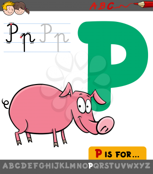 Educational Cartoon Illustration of Letter P from Alphabet with Pig Animal Character for Children 