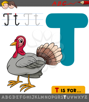 Educational Cartoon Illustration of Letter T from Alphabet with Turkey Bird for Children 