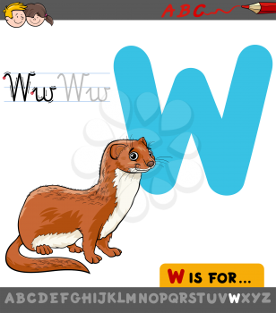 Educational Cartoon Illustration of Letter W from Alphabet with Weasel Animal Character for Children 
