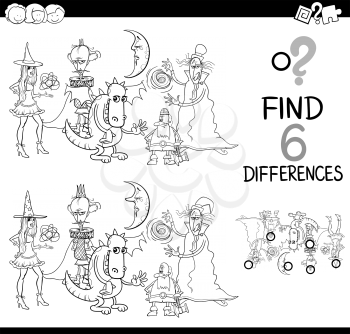 Black and White Cartoon Illustration of Finding the Difference Educational Game for Children with Fantasy Characters Coloring Page