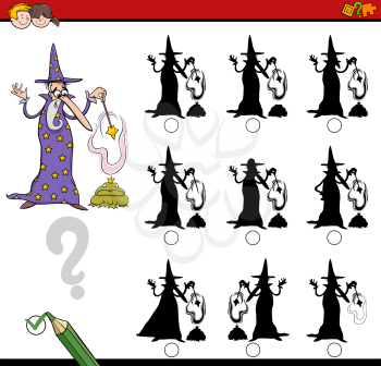 Cartoon Illustration of Find the Shadow without Differences Educational Activity for Children with Wizard Fantasy Character
