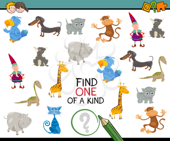 Cartoon Illustration of Educational Activity of Finding One of a Kind for Kids