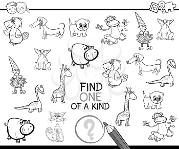 Black and White Cartoon Illustration of Educational Activity of Finding One of a Kind for Kids Coloring Page