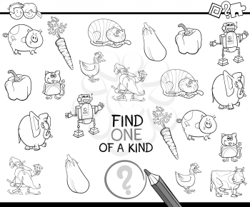 Black and White Cartoon Illustration of Educational Activity of Finding One of a Kind for Children Coloring Page