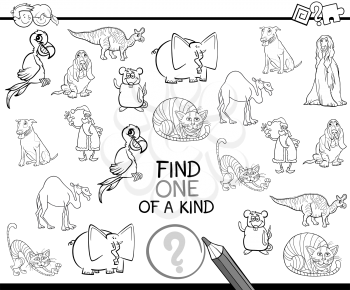 Black and White Cartoon Illustration of Educational Activity of Finding One of a Kind for Preschool Children Coloring Page