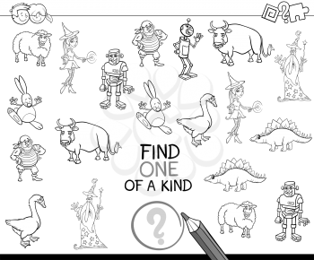 Black and White Cartoon Illustration of Educational Activity of Find One of a Kind Game for Preschool Children Coloring Page