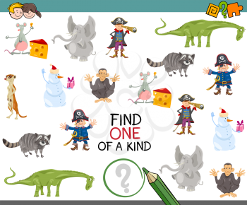 Cartoon Illustration of Educational Game of Finding One of a Kind for Children
