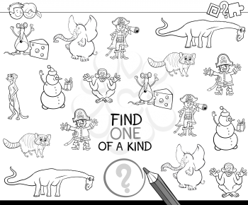 Black and White Cartoon Illustration of Educational Game of Finding One of a Kind for Children Coloring Page