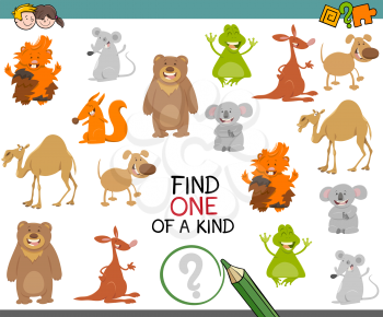 Cartoon Illustration of Find One of a Kind Educational Activity Game for Children with Animal Characters