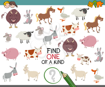 Cartoon Illustration of Find One of a Kind Educational Activity Game for Kids with Animal Characters