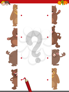Cartoon Illustration of Educational Game of Matching Halves with Bears Animal Characters