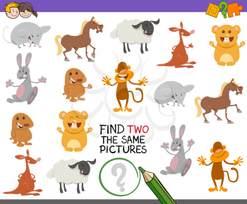 Cartoon Illustration of Looking for Two Identical Pictures Educational Game for Kids