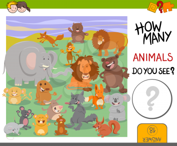 Cartoon Illustration of Educational Counting Activity Game for Children with Cute Animal Characters