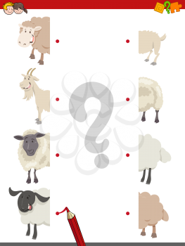 Cartoon Illustration of Educational Matching Halves Game with Sheep and Goat Farm Animal Characters