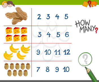 Cartoon Illustration of Educational Counting Activity Game for Children with Food and Objects