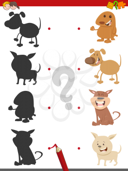 Cartoon Illustration of Find the Shadow Educational Activity Game for Children with Dogs or Puppies Animal Characters