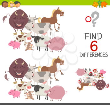 Cartoon Illustration of Finding the Differences Educational Game for Children with Farm Animals Characters
