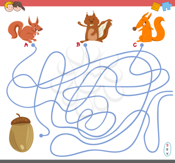 Cartoon Illustration of Paths or Maze Puzzle Activity Game with Squirrel Animal Characters and Acorn