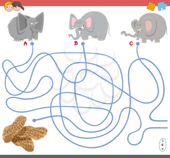 Cartoon Illustration of Paths or Maze Puzzle Activity Game with Elephant Animal Characters and Peanuts