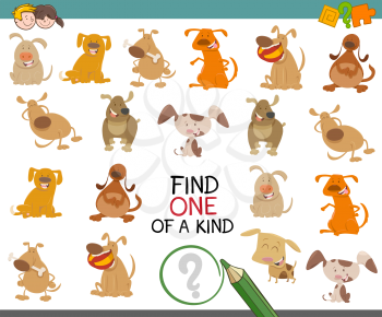 Cartoon Illustration of Find One of a Kind Educational Activity Game for Preschool Kids with Dog Characters