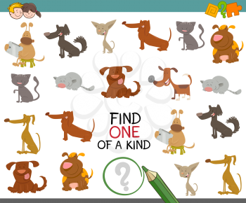 Cartoon Illustration of Find One of a Kind Educational Activity Game for Preschool Kids with Dogs Animal Characters