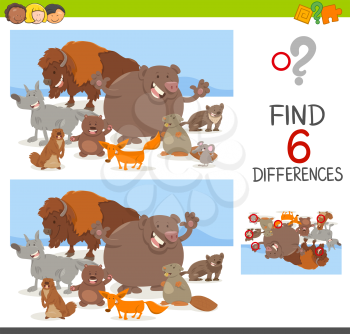 Cartoon Illustration of Spot the Differences Educational Game for Children with Animal Characters