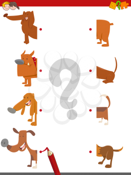 Cartoon Illustration of Educational Matching Halves Game with Dog Animal Characters