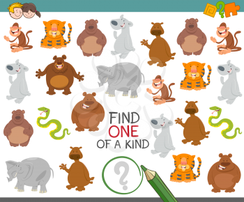 Cartoon Illustration of Find One of a Kind Educational Activity Game for Children with Animal Characters