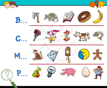Cartoon Illustration of Finding Picture which Name Starts with Referred Letter Educational Activity for Children