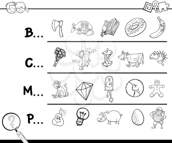 Cartoon Illustration of Finding Picture which Name Starts with Referred Letter Educational Activity for Children Coloring Page